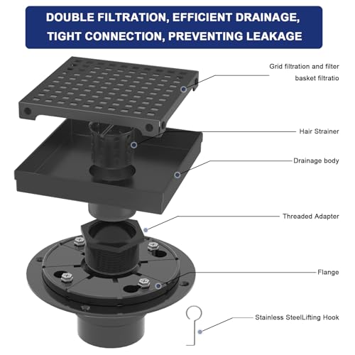 6 Inch Matte Black Square Shower Drain with Removable Grate | AISI 304 Stainless Steel Shower Drain, Shower Floor Drain with Hair Catcher & ABS Flange, Fits Bathroom & Balcony etc - color: Matte Black, size: 6 in