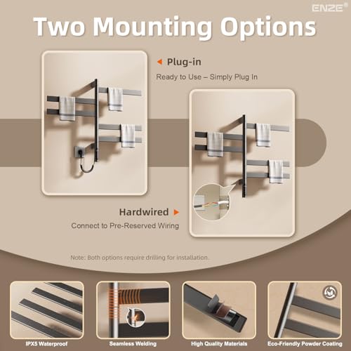 Smart Rotating Heated Towel Rack, 5-Bar Wall-Mounted, Gray | Electric Towel Warmer for Bathroom, Swivel Bars, Wi-Fi App Control, 1-24H Timer, 115-155°F, 120W, IPX5, Plug-In or Hardwired - color: Gray 17.72"x26.77"