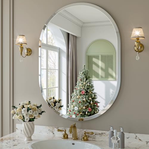 Frameless Oval Mirror, 22"x30" Beveled Oval Bathroom Mirrors | 5mm HD Glass, Anti-Rust, 15mm Frameless Beveled Mirror, French Cleat, Horizontally or Vertically, for bathroom/bedroom - size: 22"L x 30"W
