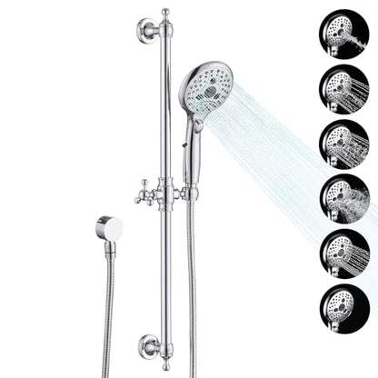Handheld Shower Head with Slide Bar Combo, 6 Settings Handheld Shower with ON/OFF Pause Switch, Adjustable Height 27.5" Long Slide Bar, Round Wall Supply Elbow and 6.6ft Shower Hose, Chrome - color: Chrome