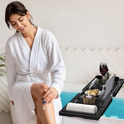 Bathtub Tray Caddy, Expandable Bamboo Bath Tray for Tub | Foldable Bath Table Trays with Non-Slip Pads, Bathroom Spa Accessories, Ideal Gift for New Home & Mom's Birthday, Black - color: Black
