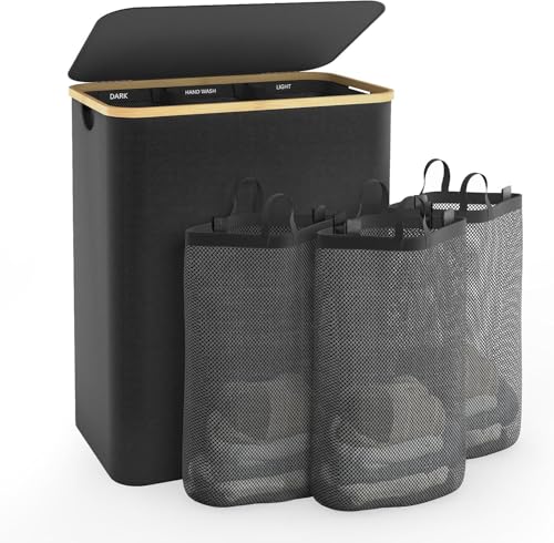Hampers for Laundry Basket with Lid, 145L Large Laundry Hamper 3 Section | Dirty Clothes Hamper Separator with 3 Removable Bags & 5 Labels, Divided Laundry Organizer for Bedroom, Laundry Room, Black - color: Black, size: 145L