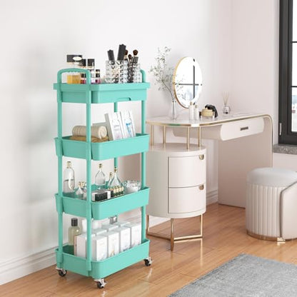Calmootey 4-Tier Rolling Utility Cart with Drawer,Multifunctional Storage Organizer with Plastic Shelf & Metal Wheel,Storage Cart for Kitchen,Bathroom,Living Room,Office,Green | Space-Saving Organizer, Sturdy Plastic Shelves, Smooth-Rolling Metal Wheels,