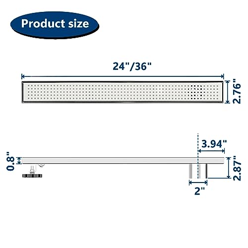 Neodrain 24In Offset Side Outlet Linear Shower Drain w/Grate Cover, Brushed | w/ Quadrato Pattern Grate Cover, 304 Stainless Steel Rectangle Shower Floor Drain, with Leveling Foot, Hair Strainer Catche - color: Brushed- Pattern Grate Cover, size: 24 IN