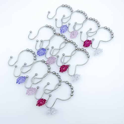 12pcs Rose Shower Curtain Hooks Rings, Double Glide Shower Curtain Rings Stainless Steel Rustproof Home Decor Accessories