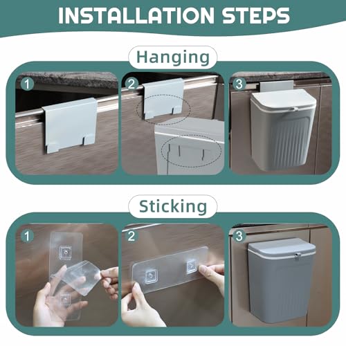 Plastic Hanging Trash Can, 3.2 Gallon Kitchen Compost Bin | Space-Saving Over-Cabinet Door, for Counter Top, Under Sink or Wall Mount, Small Garbage Can for Cupboard/Bathroom/Bedroom/RV