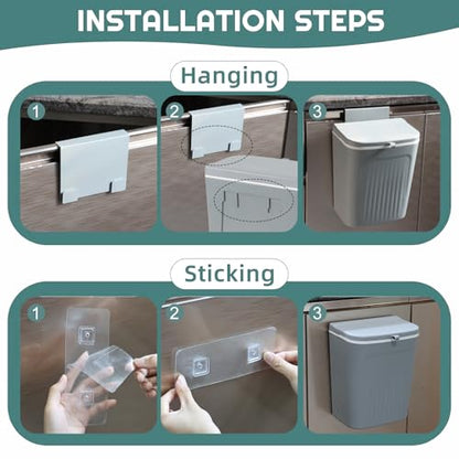 Plastic Hanging Trash Can, 3.2 Gallon Kitchen Compost Bin | Space-Saving Over-Cabinet Door, for Counter Top, Under Sink or Wall Mount, Small Garbage Can for Cupboard/Bathroom/Bedroom/RV