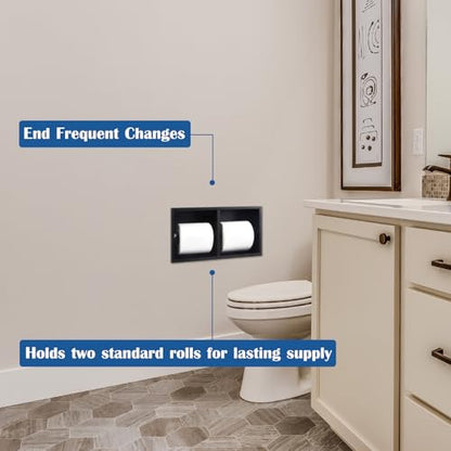 Recessed Dual Roll Toilet Paper Holder 304 Stainless Steel Hidden in-wall with Storage Durable Tissue Roll Holder Heavy Duty Space Saving Design for Modern Bathrooms and Remodel(Black) - color: Black