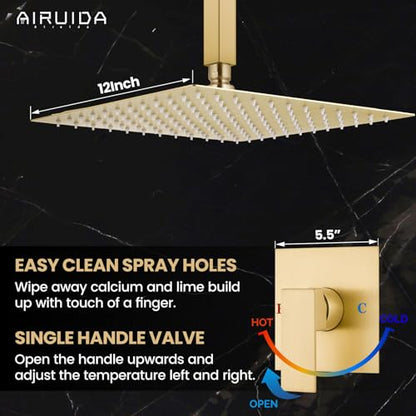 Airuida 12 Inch Brushed Gold Shower Faucet Set,Rainfall Shower System | Ceiling Shower Head,Male Thread Rough-in Valve,Ceiling Mount,Single Handle - color: Brushed Gold, size: 12 Inch