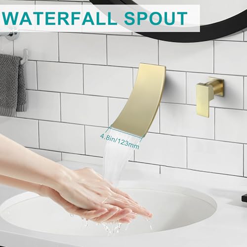 SKOWLL Single Handle Wall Mount Bathroom Sink Faucet, Brushed Gold Waterfall Modern Tub Faucet Set, Waterfall Spout - color: Brushed Gold