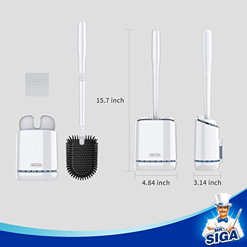 MR.SIGA Toilet Bowl Brush and Holder, Wall Mounted Toilet Brush, White | Automatic lid design, sturdy handle, upgraded ventilation, flat rubber head dries quickly - color: White, size: 4.8"L x 3.1"W x 15.7"H