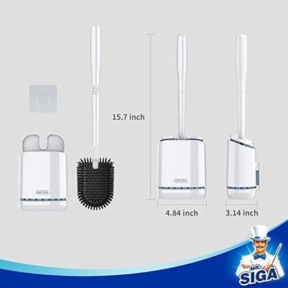 MR.SIGA Toilet Bowl Brush and Holder, Wall Mounted Toilet Brush, White | Automatic lid design, sturdy handle, upgraded ventilation, flat rubber head dries quickly - color: White, size: 4.8"L x 3.1"W x 15.7"H