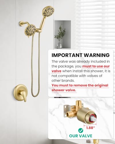 gotonovo Dual Shower Head Kit with Valve 6 Mode Handheld Brushed Gold | 6 Mode ABS Rain Head 6 Mode ABS Handheld Spray 2 in 1 Bathroom Trim Kit Pressure Balance Valve Shower Head and Handle Set - color: Gold