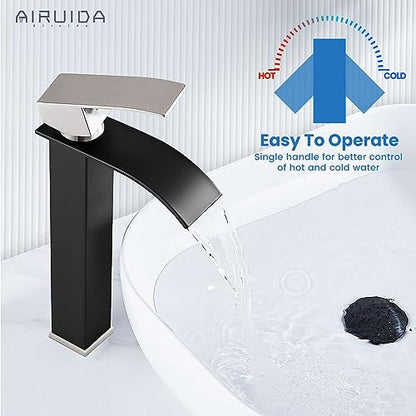 Airuida Vessel Sink Faucet,Black&Nickel Tall Waterfall Bathroom Faucet | Single Handle,Tall Bathroom Faucet 1 Hole,Vanity Faucet,without Drain,Bowl Bathroom Faucet - color: Matte Black & Brushed Nickel