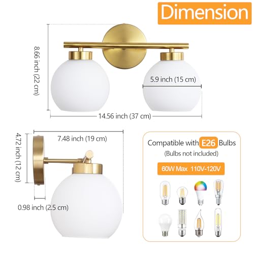 2 Light Bathroom Vanity Light, Gold Bathroom Light Fixtures Over Mirror, Mid Century Modern Wall Sconce with Frosted Globe Glass Shades, Brass Vanity Light, E26 Socket - color: Gold & Milky White Glass, size: 2-Light