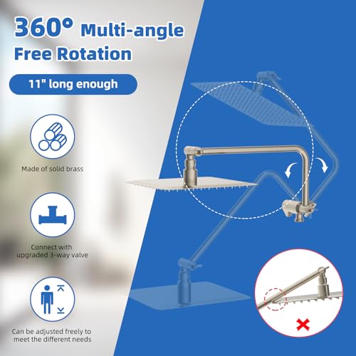10" Metal Rainfall Shower Head with 10-Mode Handheld, Brushed Nickel | NSF/ANSI/CAN 372 Certified, High Pressure Showerhead Combo with 11" Adjustable Shower Arm, 71" Hose, Shower Head Holder - color: Brushed Nickel, style: Square 10"