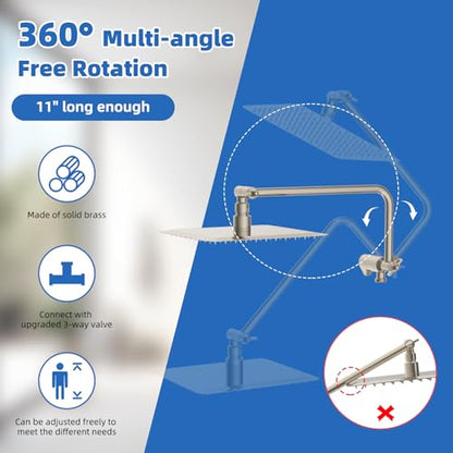 10" Metal Rainfall Shower Head with 10-Mode Handheld, Brushed Nickel | NSF/ANSI/CAN 372 Certified, High Pressure Showerhead Combo with 11" Adjustable Shower Arm, 71" Hose, Shower Head Holder - color: Brushed Nickel, style: Square 10"