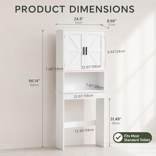 66" H White Bathroom Cabinet Over Toilet with Doors; Adjustable Shelf Bathroom Organizer Unit Featuring Freestanding MDF Wood Over the Toilet Cabinet Frame for Restroom (B) - color: B