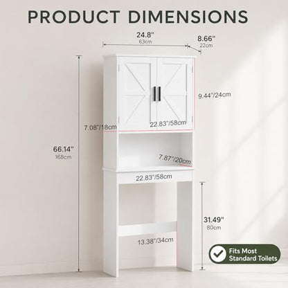 66" H White Bathroom Cabinet Over Toilet with Doors; Adjustable Shelf Bathroom Organizer Unit Featuring Freestanding MDF Wood Over the Toilet Cabinet Frame for Restroom (B) - color: B
