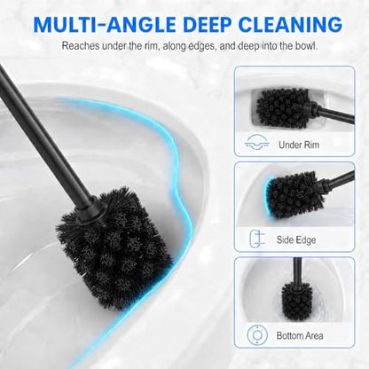 Black Toilet Brush and Holder Set，Extra Long Handled Toilet Bowl Brush and Holder，Stainless Steel Heavy Duty Toilet Brush for Bathroom,Deep Cleaning Modern Toilet Cleaner Slip Base - color: Black