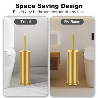 Brass Toilet Brush and Holder，Long Handled Gold Toilet Brush for Bathroom，Stainless Steel Heavy Duty Toilet Bowl Brush,Removable Inner Bowl,Deep Cleaning Dense Bristles Cleaner Brush -Space Saving - color: Brushed Brass