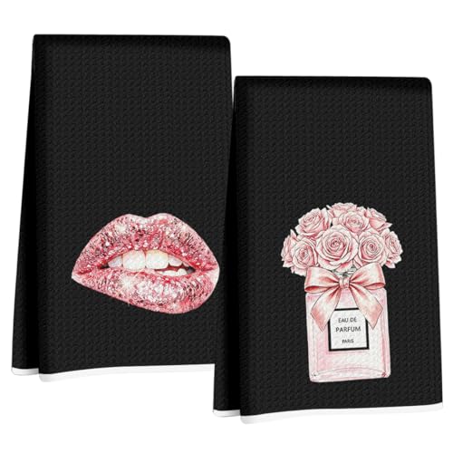 2 Pcs Pink Bow Champagne Hand Towels 24x14 Inch, Trendy Girly Aesthetic Reusable Dish Towels for Kitchen Bathroom Decor, Waffle Weave Hand Cloth Tea Towel, Black and Pink Gifts for Women Girls Friend - color: Multi 1720