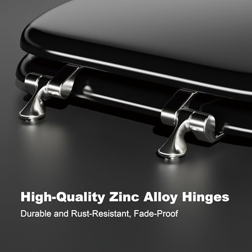 Deewow Black Elongated Wood Toilet Seat, Heavy Duty Toilet Seat with Baked Enamel Finish Support 400 lbs, Oval Wooden Toilet Lid with Chrome Hinges, Grip-Tight Bumpers - Easy to Clean, Quick Assembly - color: Black, size: Elongated Non-Slow Close