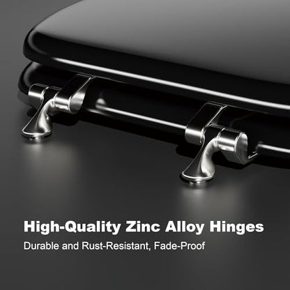 Deewow Black Elongated Wood Toilet Seat, Heavy Duty Toilet Seat with Baked Enamel Finish Support 400 lbs, Oval Wooden Toilet Lid with Chrome Hinges, Grip-Tight Bumpers - Easy to Clean, Quick Assembly - color: Black, size: Elongated Non-Slow Close