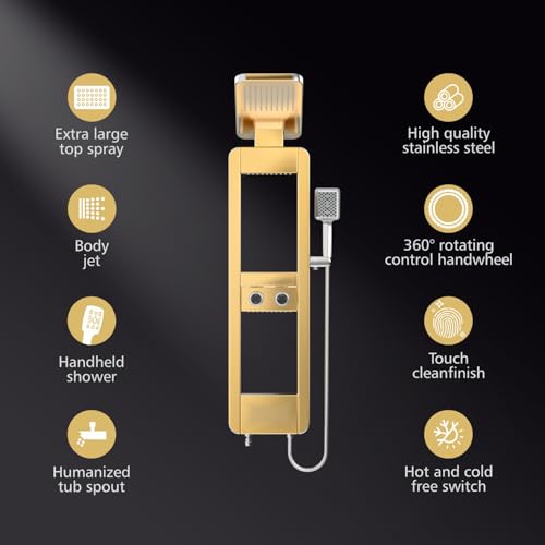 ELLO&ALLO Shower Panel Tower System with Shelf, Rainfall Shower Head and Rain Massage System with Body Jets, Stainless Steel Bathroom Fixtures, Brushed Gold&Chrome
