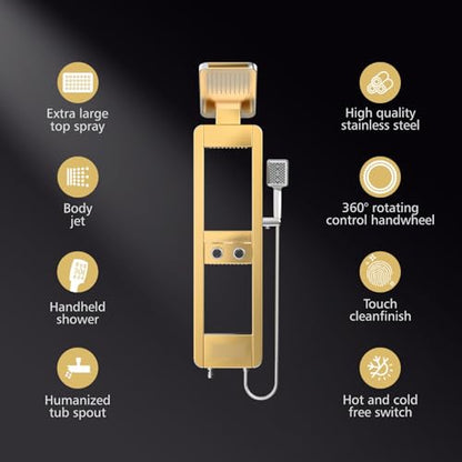 ELLO&ALLO Shower Panel Tower System with Shelf, Rainfall Shower Head and Rain Massage System with Body Jets, Stainless Steel Bathroom Fixtures, Brushed Gold&Chrome
