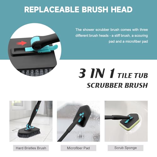 nacena Shower Scrubber with Long Handle, 4 in 1 Tile Tub Scrubber Brush with 3 Detachable Cleaning Heads and V-Shaped Grout Brush Shower Cleaner Brush for Bathroom Kitchen Toilet Tub Sink Wall, Black - color: Black, size: 2 pads+brush