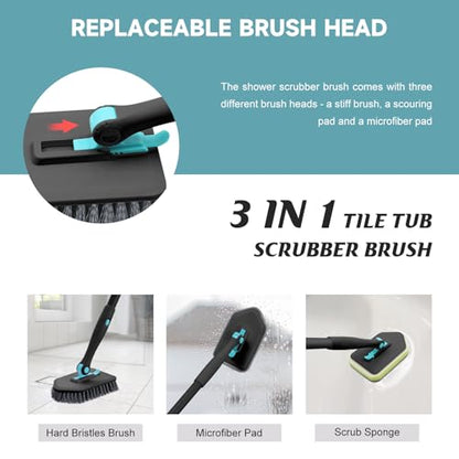 nacena Shower Scrubber with Long Handle, 4 in 1 Tile Tub Scrubber Brush with 3 Detachable Cleaning Heads and V-Shaped Grout Brush Shower Cleaner Brush for Bathroom Kitchen Toilet Tub Sink Wall, Black - color: Black, size: 2 pads+brush