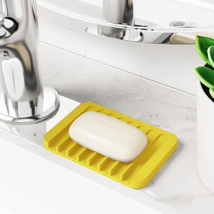 4-Pack Self Draining Soap Dish for Shower Bathroom Waterfall Silicone Soap Saver Tray Sponge Holder for Kitchen Sink Non-Slip Easy Clean (Yellow) - color: Yellow