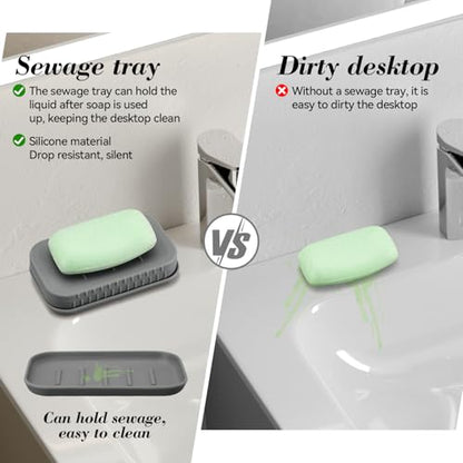 Soap Holder & Brush Set with Built-in Soap Saver Compartment | Silicone Matrial, Includes a Leak-Proof Soap Tray+Brush, Unbreakable&Noise-Free, Soft Brush with Soap Dish- (Dark Grey)