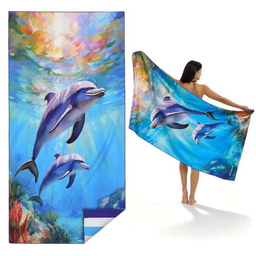 Oversized Beach Towels Lightweight Blue White Striped Dolphin | Set of 2, 70x35 inches, soft microfiber, quick dry, sand free, for pool spa swim travel - color: Two Dolphin 2 Pack