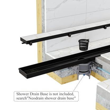 Neodrain 48-Inch Linear Shower Drain-Matte Black,with Tile Insert Grate | 304 Stainless Steel, Fast Drainage, Rectangle Shower Floor Drain with Leveling Feet & Hair Strainer, Fits Bathroom, Balcony - color: Matte Black, size: 48 IN