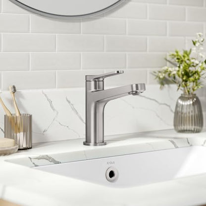 KRAUS Indy Single Handle One Hole Bathroom Sink Faucet in Spot-Free Brushed Nickel, KBF-1411SFBN - color: Spot Free Brushed Nickel, style: Basin + Pop-Up Drain