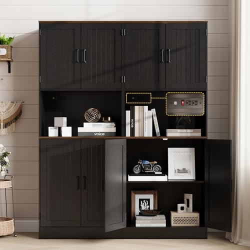 MHOM 71" Tall Pantry Cabinet with Charging Station, Farmhouse Kitchen Hutch with Adjustable Shelves, Modern Kitchen Pantry Storage Cabinet for Dinning Room & Living Room, Antique Black - color: Black