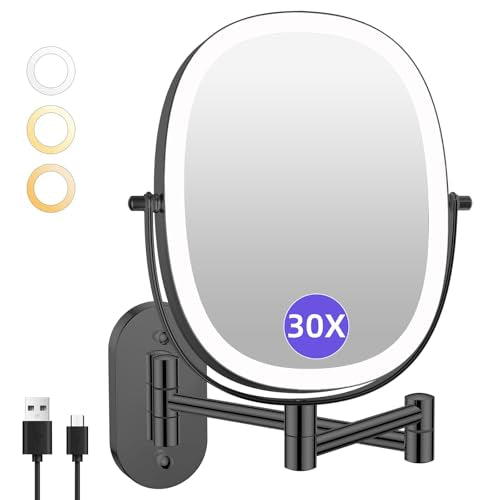 FUNTOUCH 5000mAh Rechargeable Wall Mounted Lighted Makeup Mirror,Black | Double Sided 30X/1X Magnifying Mirror Wall Mounted,Extended Arm 360°Rotation,Touch Dimmable,3 Color Lights for Bathroom - color: 30x Black