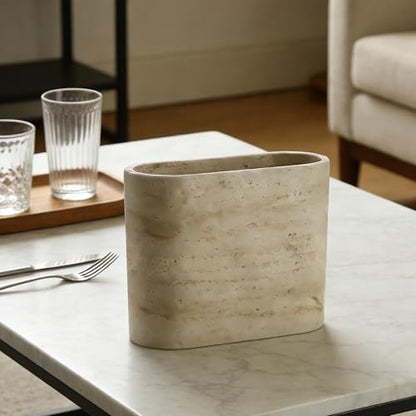 Natural Travertine Textures Mini Trash Can, Small Counter Rectangle Trash Can for Bathroom Kitchen Table Desk, Tiny Waste Basket for Vanity - Silicone Pad Anti Scratch, Non-Slip (Made of Resin) - color: Rectangle Travertine