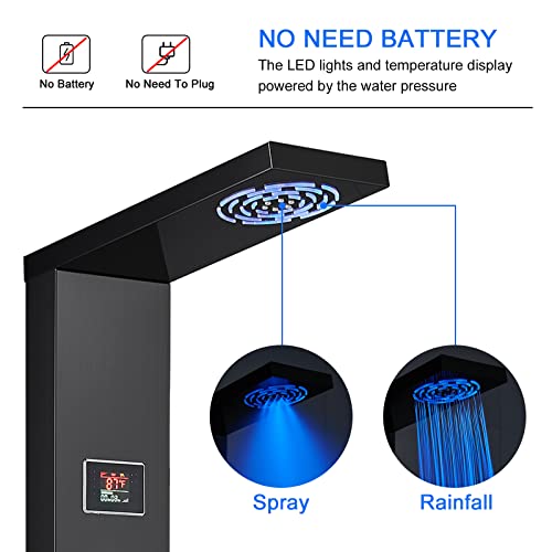 LED Shower Panel Tower System, 304 Stainless Steel Bathroom Shower Tower with 3 Body Massage Jets, Shower Column Wall Mounted - color: Black - 5 Body Jets
