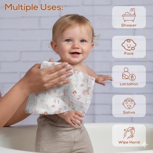 Muslin Baby Washcloths for Newborns, Pack of 8, 11"x11", Super Soft Cotton, Absorbent and Gentle, Baby Cotton Wipes, Baby wash Cloths - color: Print Mix