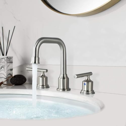 WOWOW Brushed Nickel Bathroom Faucet 3 Hole, Widespread Vanity Sink Faucets | Copper Inlet Faucet for Bathroom Sink with Swivel Spout, 2 Handles Lavatory Tap with Drain and cUPC Supply Line (Set of 2) - color: Brushed Nickel x 2, style: Upgrade-8 Inch