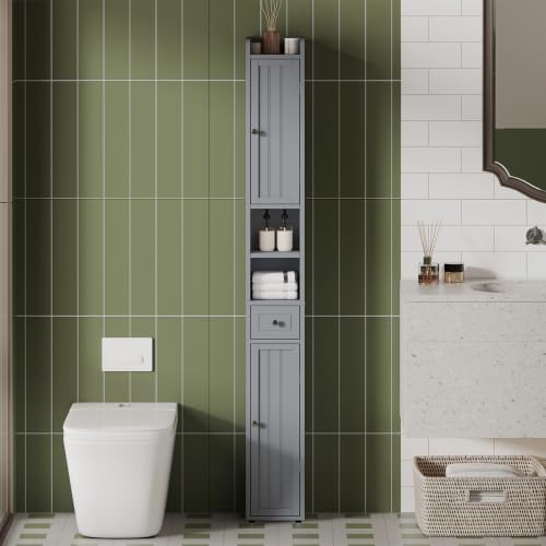 ChooChoo Narrow Bathroom Storage Cabinet with Adjustable Shelves and Drawer | Tall Slim Storage Cabinet, Freestanding Cupboard for Small Spaces, Grey