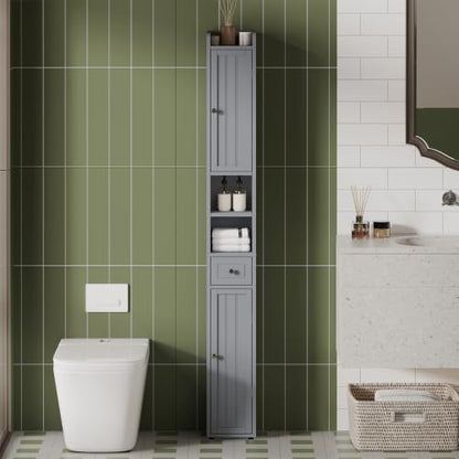 ChooChoo Narrow Bathroom Storage Cabinet with Adjustable Shelves and Drawer | Tall Slim Storage Cabinet, Freestanding Cupboard for Small Spaces, Grey