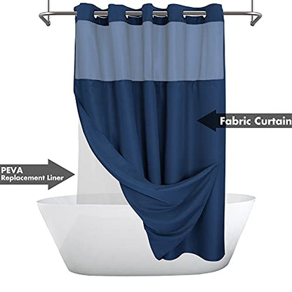 River Dream Extra Long No Hook Shower Curtain with Snap-in Liner, Navy | 71W x 86H, Snap on/off Waterproof PEVA Liner, See Through Top Window, Slub Textured, XL Hotel Style Shower Curtain Set - color: Navy, size: 71"W x 86"L (Pack of 1)
