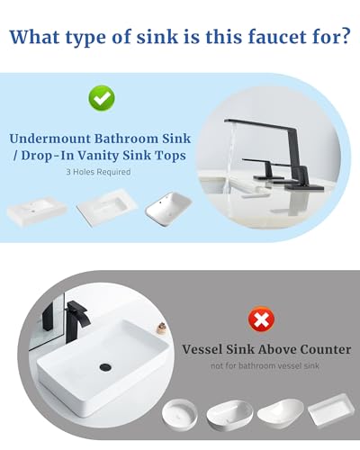 8 Inch Waterfall Bathroom Faucet, 3 Hole Bathroom Sink Faucet with Drain | 304 Stainless Steel, Widespread Vanity Faucets, Anti-Rust, for Modern Bathroom, Guest Suite, RV, Farmhouse, w/ Supply Lines