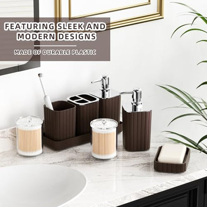 XLHOMO Bathroom Accessories Set - Gorgeous Bathroom Set, 10PC Brown Bathroom Accessories, Bathroom Accessory Set, Toilet Brush, Trash Can, Qtip Holder Dispenser & Soap Dispenser - size: Bath Set, style: Brown&Silver