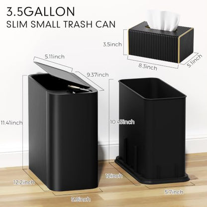 Bathroom Trash Can with Lid and Tissue Box Cover Set 13 L/ 3.5 Gallon Black Trash Can with Pop-Up Lid Small Garbage Can for Bathroom Bedroom Office Kitchen - color: Black & Gold