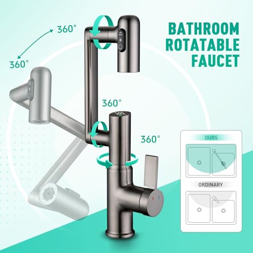 Bathroom Sink Faucet, Rotatable Faucet with Temperature Display in Celsius(Batteries-Free), 1080° Swivel | 3 Water Modes Faucet for Bathroom Kitchen Rv, LCF-2401, Grey - color: Grey - Celsius